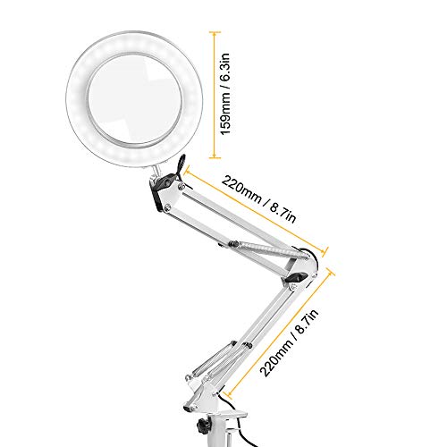 LED Magnifier Desk Lamp, 5X Magnifying Glass with Light, 3 Modes 10 Dimming, Foldable Metal Arms and Adjustable Clamp Base for Close Work Hobby Repairing Reading Crafts