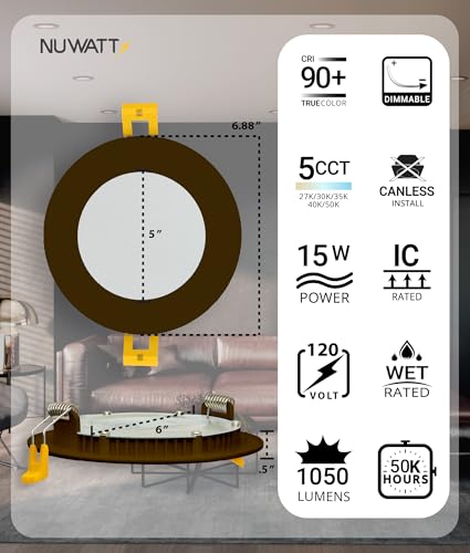 NUWATT 12 Pack 6 Inch Ultra-Thin Bronze LED Recessed Lighting, 5CCT 2700K/3000K/3500K/4000K/5000K Selectable, High Brightness 1050 Lumens, Dimmable Canless Slim Wafer Light, IC Rated, Metal J-Box, ETL - Image 2