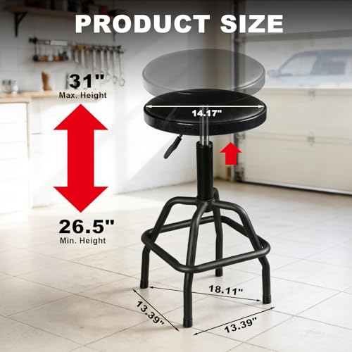 Image of Big RED Pneumatic Shop Stool, Adjustable Height Garage Bar Stool, 300-Pound Capacity Heavy Duty Steel Frame, Perfect for Home, Bar, Garage and Shop, Black