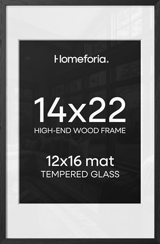 Image of Homeforia 14x22 Frame Black Wood, High End Oak 14x22 Picture Frames with Mat 12x16 Photo, 14 x 22 Wooden Poster Frame Matted to 12 by 16 Print, 22x14 Hanging Frames, Tempered Glass, Wall Kit, Set of 2