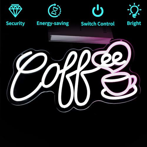 Image of Neon Sign, HSJNJKFU Coffee Neon Signs for Wall Decor White LED Light Sign for Cafe Room Shop Coffee Cup Bar Signs for Wall Decor Restaurant - USB Powered