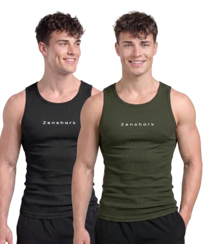 Image of ZENSHARK Gym Vest for Men | Sleeveless T Shirt Sando Tank Top | 2x2 Ribbed Cotton Lycra Ribbed Vest | Round Neck Slim Fit 4 Way Stretch | Sleeveless Gym T Shirt for Workout Training