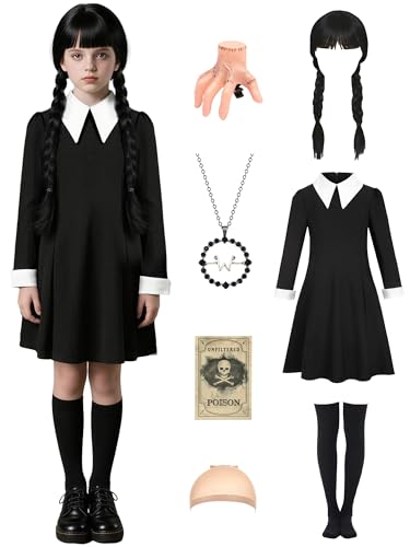 Kids Black Dress Costume for 3-14 Years Girls with Wig Necklace Hairpin for Halloween Costume Dress Up