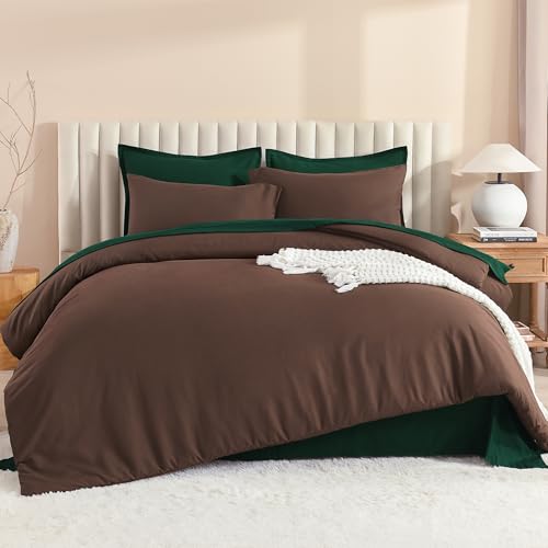Image of Litanika Full Comforter Sets Brown Emerald Green- 7 Pieces Bed in a Bag Beddding Sets, Solid Lightweight Bed Set with Comforter, Sheets, Pillowcases & Shams