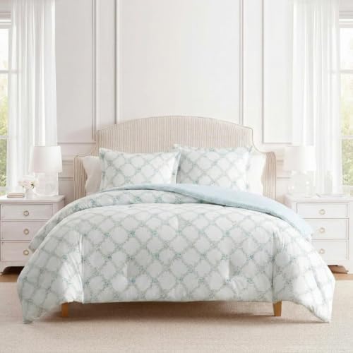 Image of Martha Stewart - Twin /Twin XL Comforter Set, 100% Cotton Bedding with Shams, Soft and Breathable, Lightweight All-Season Comforter, Reversible Design, Romantic Trellis Blue