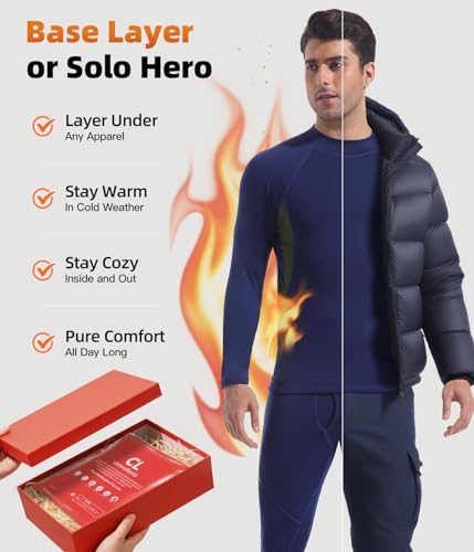 Image of Mens Thermal Underwear Long Johns Set Cold Weather Hunting Base Layer | Fleece lined top & bottom. Moisture wicking, 4-way stretch. Ultimate warm winter gear for skiing, work & outdoor sports