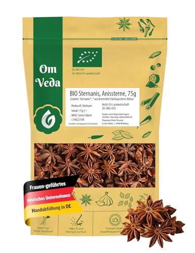 Sternanis BIO Echter Sternanis 75g | ganz mit Bruch | Anissterne | Premium BIO-Qualität zum Kochen Dekorieren | Organic Star Anise | OmVeda (75g)