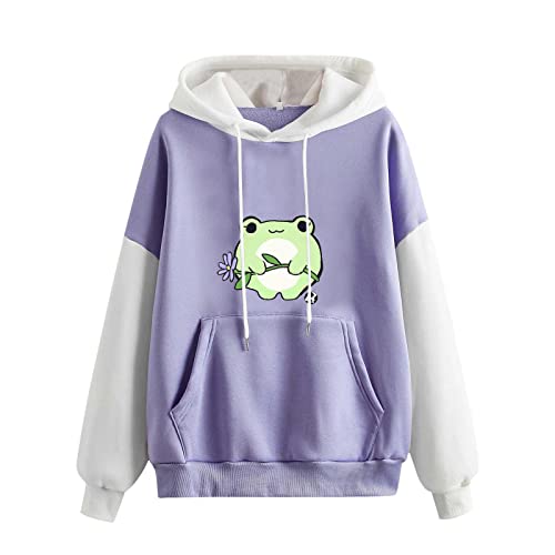 Yslmnor Cute Aesthetic Frog Hoodie For Teen Girls Kawaii Graphic Sweatshirts Womens Long Sleeve Color Block Pullover Sweaters #TOP12