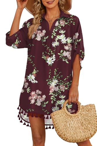 Yincro Womens Swimsuit Beach Coverup (Floral Wine Red, S)