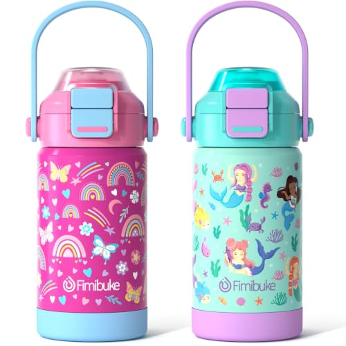 Fimibuke 14oz Kids Insulated Water Bottle with 2-in-1 Straw & Spout Lid