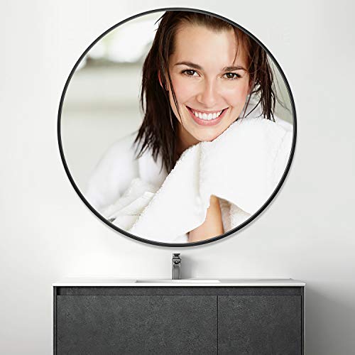 PexFix 36'' Wall Round Mirror, Wall-Mounted Mirror Decorative Mirror Aluminum Alloy Frame, Beveled Accent Mirror Large Round Mirror for Bedroom, Bathroom Entryway, Vanity, Dining Room(Black)