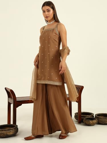 Image of FIORRA Women's Brown Viscose Chanderi Straight Kurta with Palazzo and Dupatta