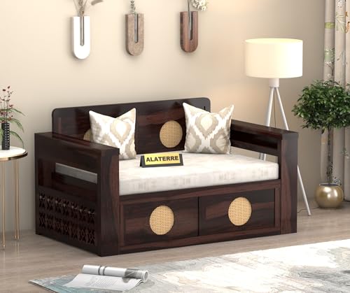 Image of Solid Sheesham Wood Two Seater Sofa Cums Bed with Cane Design Panels | 2-in-1 Wooden Daybed with Cushion & Storage Drawers (Walnut Finish)