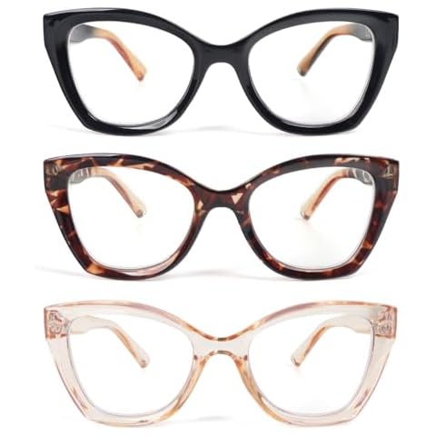 KoKoBin 3 Pack Retro Cat Eye Oversized Reading Glasses for Women, Blue Light Blocking Computer Spring Readers +1.50 Cover