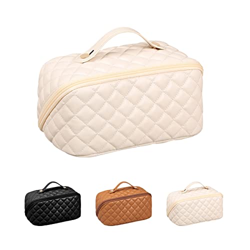 Zccpeck Travel Makeup Bag Organizer Large Cosmetic Bags Pu Leather Waterproof Portable Open Flat Toiletry Bag Travel Essentials Storage Ideal Gift For Women Girls White. #TOP3