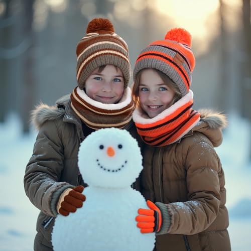 Image of Kids Winter Hat Gloves Scarf Set: Girls Boys Beanie Fleece Lined Ages 6-10