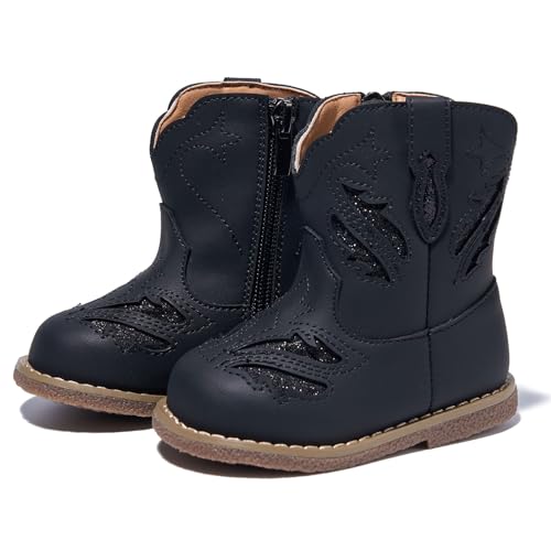 Newsonet Baby Cowgirl Cowboy Boots Western First Walker Shoes Boys Girls Round Toe Boots All Seasons 6 9 12 18 24 Months Black Size 18-24 Months Toddler