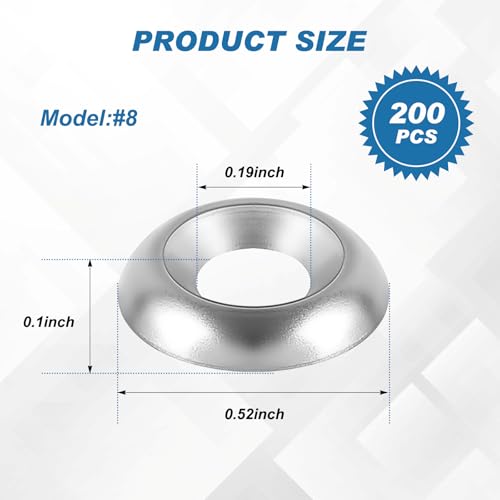 Yaocom 200 Qty #8 Countersunk Finish Washers 304 Stainless Steel Finishing Washers Cup, Silver - Thumbnail 2
