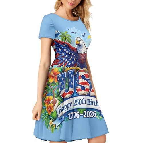 Image of HUGS IDEA Womens Puffy Swing Midi Dress Round Neck Short Sleeve Party A-Line Dresses