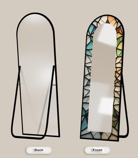 23,5’’W x 67’’H Soft Color Style – Mosaic Floor Mirror Arched Full Lenght Mirror - Arch Full Body Stained Floor Mirror with Black Frame with Black Frame