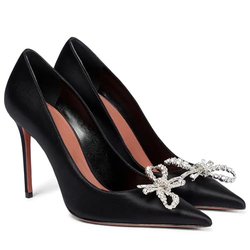 Womens Rhinestone Bow Heels Pumps, Closed Pointed Toe Dress High Heels Shoes, Comfortable Stiletto Heel Evening Party Wedding Office Pumps Shoes