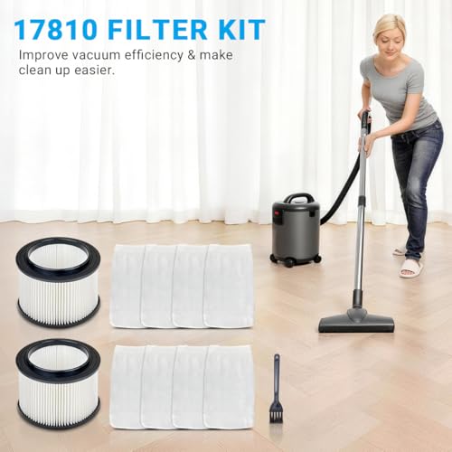 2 Pack 17810 Filters Replacement for Craftsman 3 to 4 Gallon General Purpose Wet Dry Vacuum, Part# 9-17810, with 8 Pre-filter Bags & 1 Brush