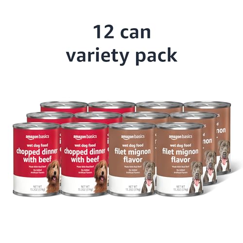 Image of Amazon Basics Chopped Ground Dinner Wet Dog Food Variety Pack, Filet Mignon Flavor and with Beef, Made with Natural Ingredients, 13.2oz Cans (Pack of 12)
