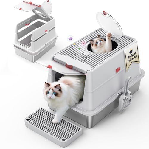 SUS304 Stainless Steel Litter Box with Lid, XL Gray