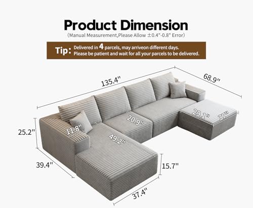 Image of 135.4 inch Cloud Modular Sectional Sofa with 1 Ottoman,Modern Minimalist Upholstered Couches, Comfort U Shaped Sofa for Living Room,Deep Seat Corner Couch,No Assembly Required (Grey,Left Facing Chaise)