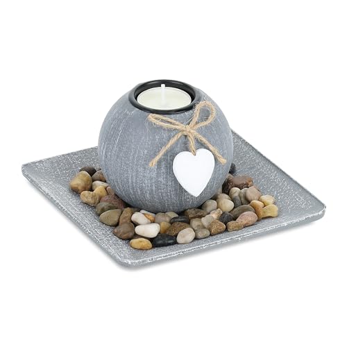 Relaxdays Porte-Bougie avec Plateau et Pierres déco, 15,5 x 15,5 cm, décoration de Table, Salle à Manger, bougeoir, Gris