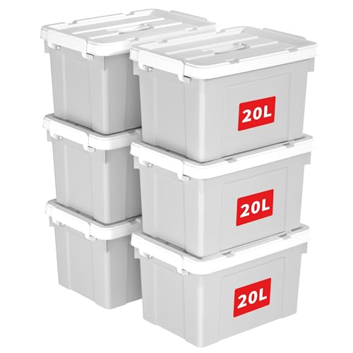 Cetomo 20L*6 Aufbewahrungsboxen, Tragbare Plastikboxen mit Deckeln, Organizer-Behälter mit Griff und Clips, Stapelbar, Ineinander Nestbar, für Zuhause und Büro, Grau, 20L-6er Pack