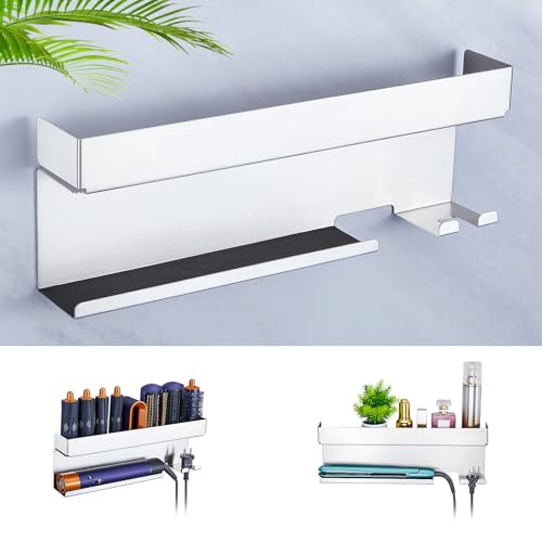 WAYASI Hair Dryer Holder Wall Mount, Hair Straightener Holder for Curling Iron Styler Accessory, Hair Dryer Storage, Adhesive Hairdryer and Straightener Holder, Hair Tool Organiser (Silver)