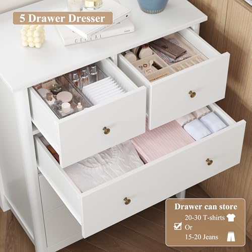 HOUSUIT White Dresser with 5 Drawers, Tall Chest of Drawers, 5 Drawer Dresser with Deep Space, Wood Storage Cabinet for Living Room, Hallway, Office, White