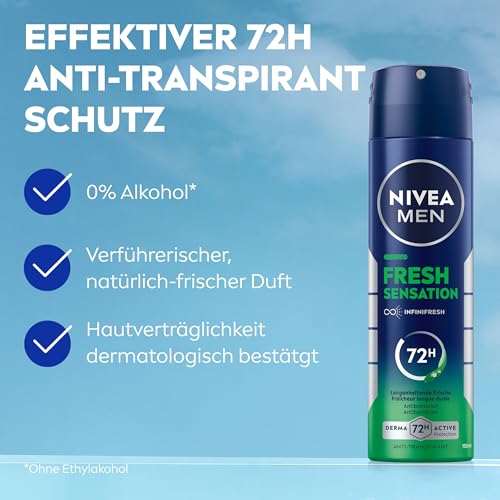 NIVEA MEN Fresh Sensation Deo Spray, Deodorant mit 72h Anti-Transpirant-Schutz gegen Schweiß und Geruch, Deospray mit antibakterieller Wirkung und frischem Duft (150 ml)