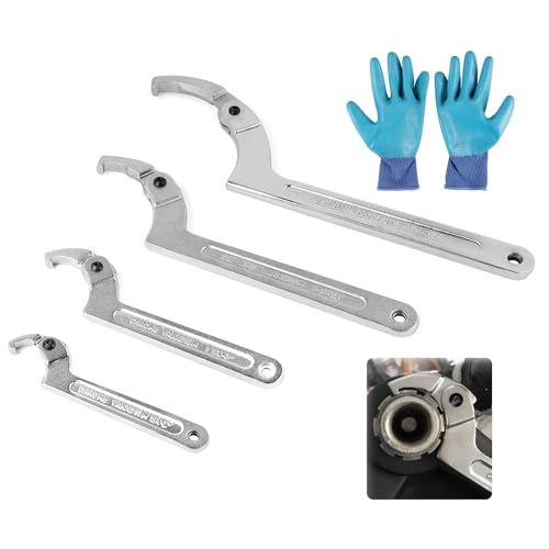 SWAWIS Ein 4er-Set Hakenschlüssel Verstellbar, C Schraubenschlüssel aus Chrome Vanadium, mit Handschuhe, für 19-170mm Nutmutternschlüssel für Stoßdämpfer Wasserzähler(Quadratischer Kopf)