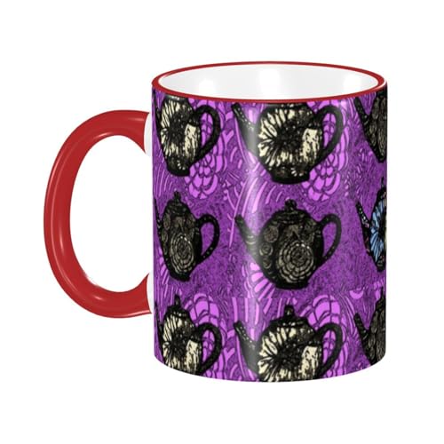 紫の黒いティーポット マグカップ コーヒーカップ Red 陶器 朝食カップ ティーカップ 耐熱マグ 保温 耐冷 おしゃれ 大きい ミルクコップ 330ml 雑貨 家庭用 プリント贈り物