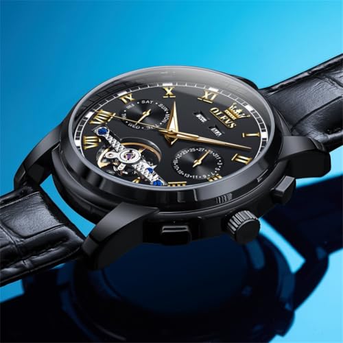 Image of OLEVS Mechanical Dress Mens Watches Square Brown Leather Strap Moon Phase Skeleton Tourbillion Day Date Waterproof Luminous Men's Wrist Watches