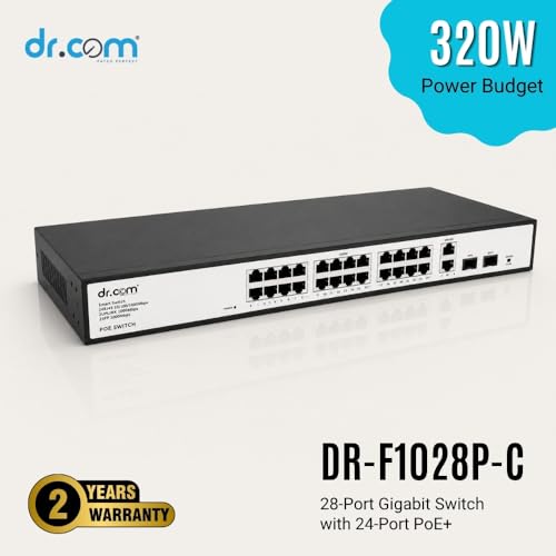Image of dr.com 27 Port PoE Switch with 24 10 /100 PoE Ports, 2 Gigabit Uplink 10 /100 /1000 Ports and 1 SFP Slot, 320W Power IEEE 802.3af /at Network Switch for CCTV IP Camera Plug and Play