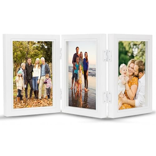 GWAEPU Bilderrahmen Collage Holz für 3 Bilder: 10x15CM Bilderrahmen Mehrere Bilder Klappbilderrahmen mit Front für Büro Familie Geburtstag Hochzeit Schreibtisch Geschenk Deko (Weiß)