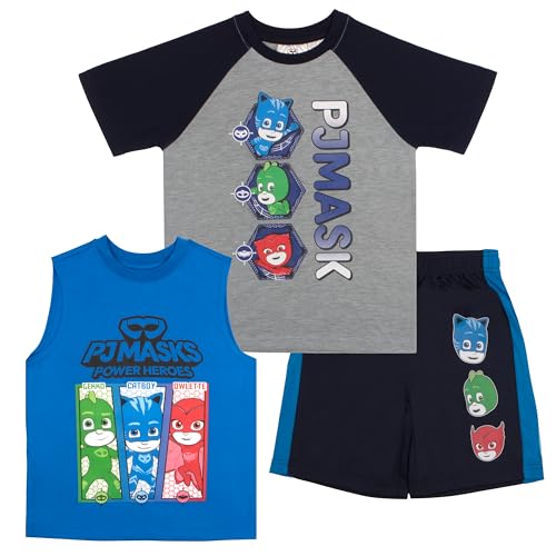 PJ Masks Boys 3-Piece Set - Short Sleeve Shirt Tank Top and Shorts - Summer Outfit Bundle for Kids and Toddlers (Blue and Gray Size 7)
