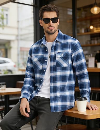 MAGNIVIT Mens Flannel Shirt Long Sleeve Plaid Shirt Cotton Button Up Lightweight Shirt Jacket with 2 Pockets Blue White S - Image 2