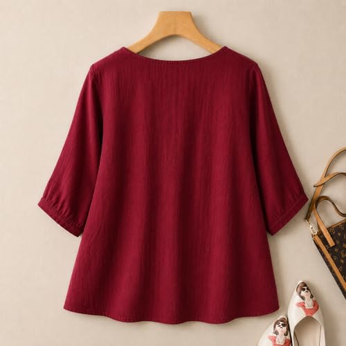 Image of RIEKA Women's Embroidered Top for Women, Maroon V Neck Rayon, 3 /4 Sleeve Casual Loose Fit Tunic, Boho Blouse for Women, Korean Style