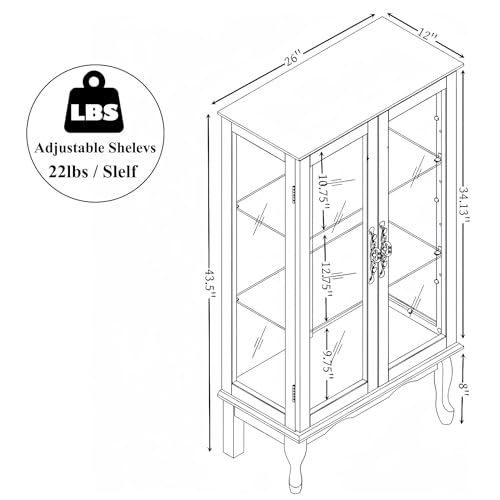 Image of 43 inch H Lighted Curio Cabinet Display Case with Light Bulb, Glass Curio Cabinet with Adjustable Shelves & Tempered Glass Door, Wooden Cabinets w /Mirrored Back Pane for Living Room(Cherry)
