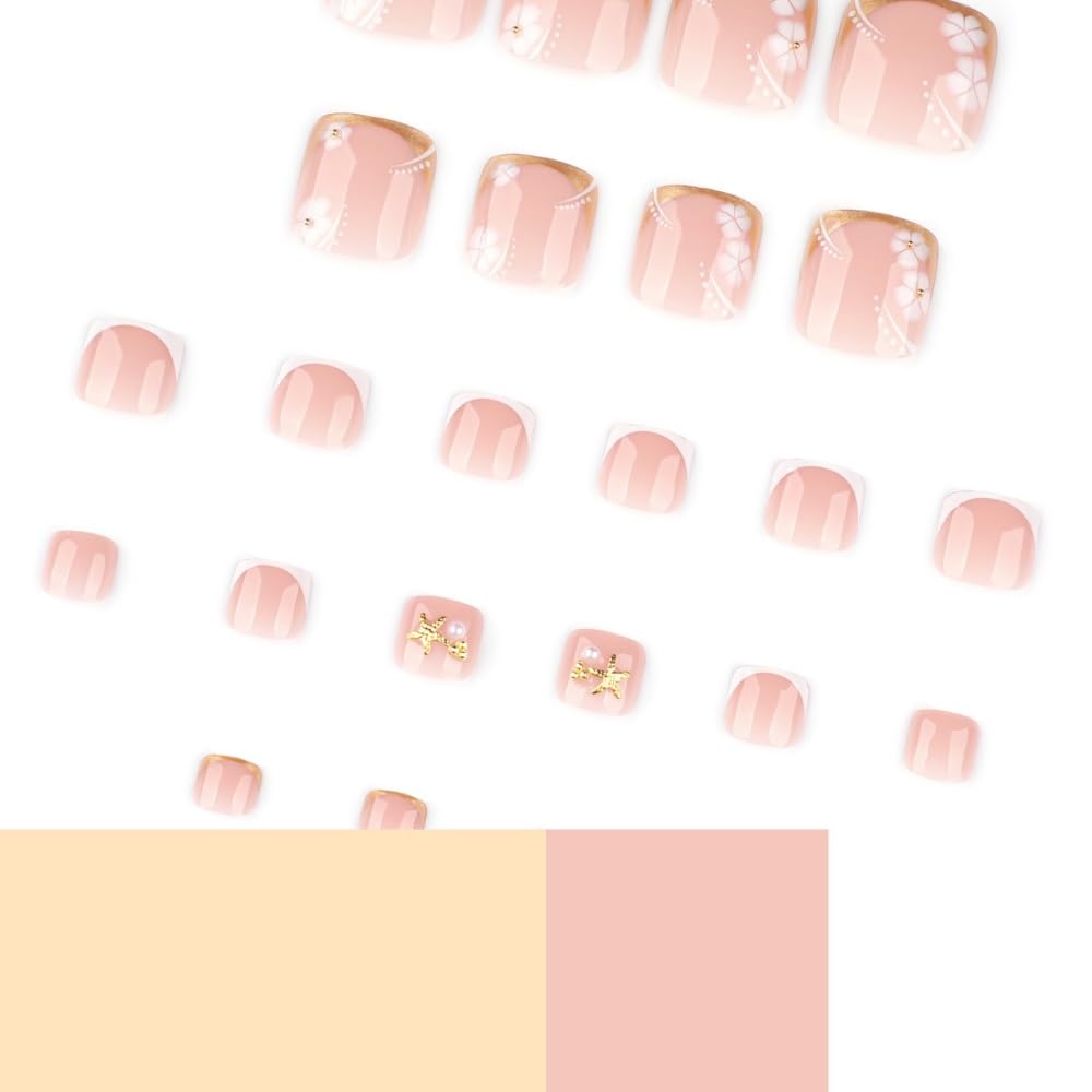 Press on Toenails Gold Fake Toenails French Tip False Toe nails Press ons with Design Floral 3D Starfish Glue on Toe Nail Acrylic Stick on Toenail for Women 24Pcs image 5