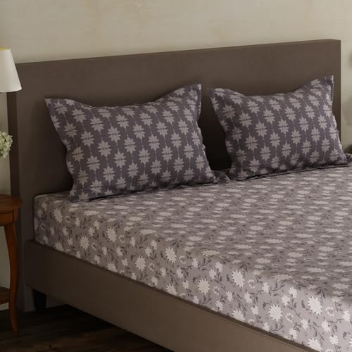 Image of Layers 100% Cotton Double Size Bedsheet Set | Grey Floral Print | 120 TC Forever Collection | Soft & Breathable | Washable Bedsheet with 2 Pillow Covers | All Season