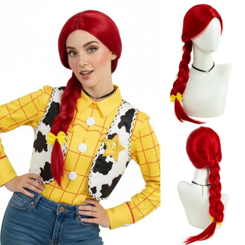 Image of H&Bwig Long Red Braided Wig with Yellow Bow for Women Cowgirl Costume Wig Middle Part No Bangs Heat Resistant Synthetic Wig for Halloween Cosplay Party