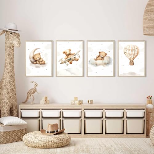 4 Affiche Ours Chambre Bebe 21X30CM Poster Ourson Bebe Beige Montgolfière Nuage Tableau Nounours Toile Ourson Enfant Garcon Affiche Enfant Ours Beige Poster...