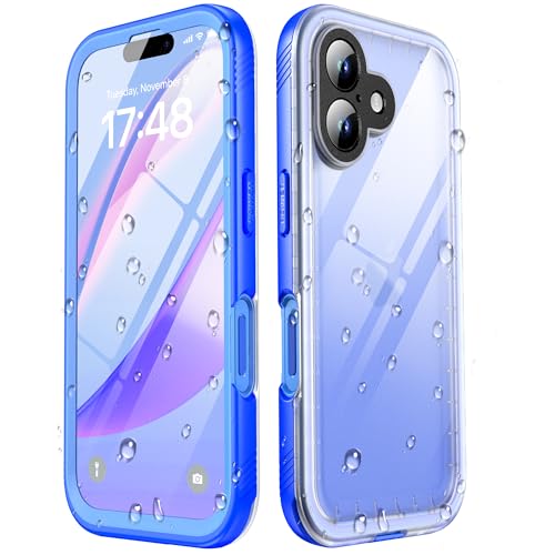 SPORTLINK for iPhone 16 Plus Case with Screen Protector,IP68 Underwater/6.6FT Military Dropproof/Dustproof/Heavy Duty Full Body Phone Case for Apple iPhone 16 Plus 6.7 inch Blue/Frosted Clear