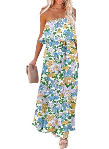 Image of Dokotoo Womens Strapless Dresses Casual Summer High Waist Side Split Flowy Boho Maxi Dress