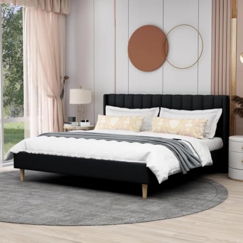 Image of Low Profile Upholstered Platform Bed with Winback Headboard | Bed Queen Size | Bed for Bedroom, Living Room | Bed Without Storage | Mattress not Included | Fabric Color:- Black